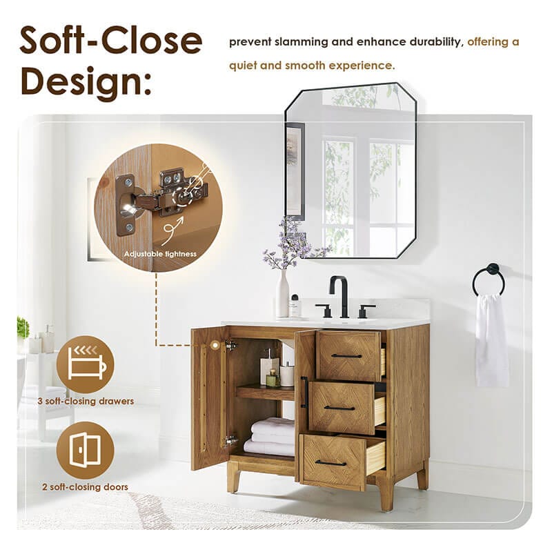 Clara 36 Single Bathroom Vanity with Top Weathered Brown Soft Close Design