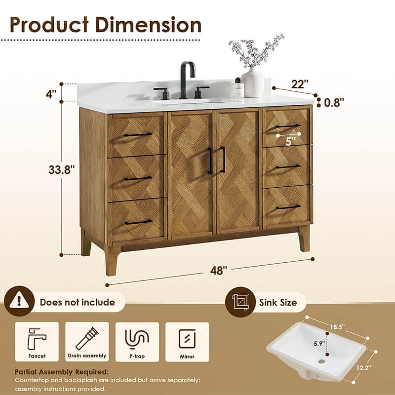Clara 48 inch Single Bathroom Vanity with Top Weathered Brown Dimension