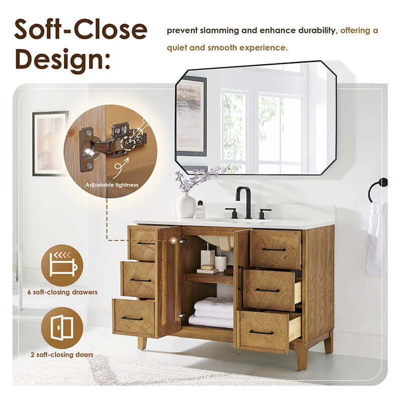Clara 48 Single Bathroom Vanity with Top Weathered Brown Soft CLose Design