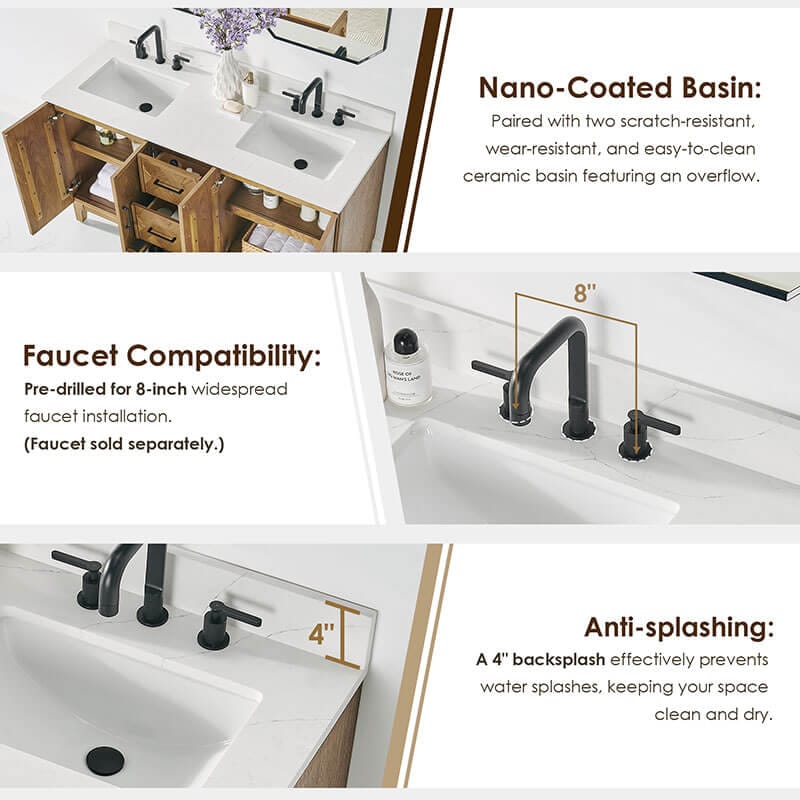 Clara 60 Double Bathroom Vanity with Top Weathered Brown Features