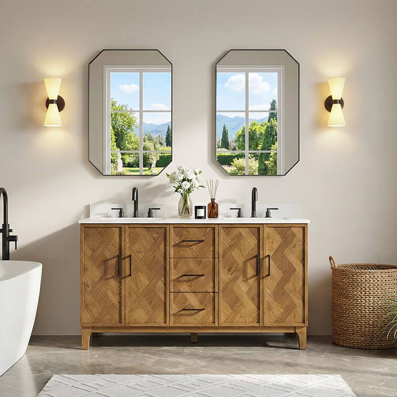 Clara 60 Double Bathroom Vanity with Top Weathered Brown Front View Lifestyle