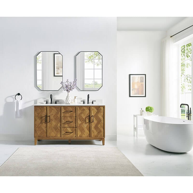 Clara 60 inch Double Bathroom Vanity with Top Weathered Brown Front View