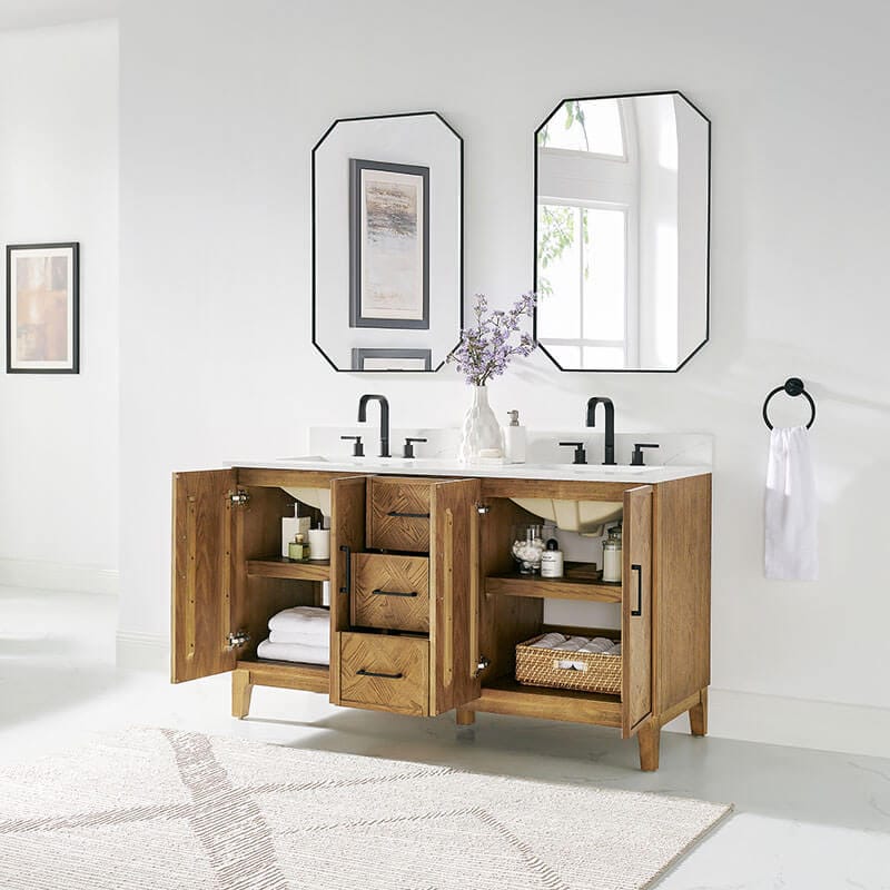 Clara 60 inch Double Bathroom Vanity with Top Weathered Brown Open Drawer