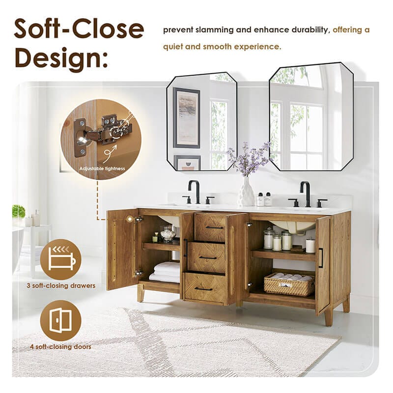 Clara 72 Double Bathroom Vanity with Top Weathered Brown Soft Close Design