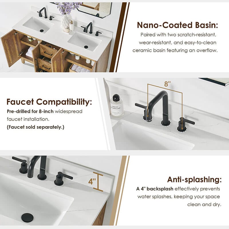 Clara 72 inch Double Bathroom Vanity with Top Weathered Brown Features