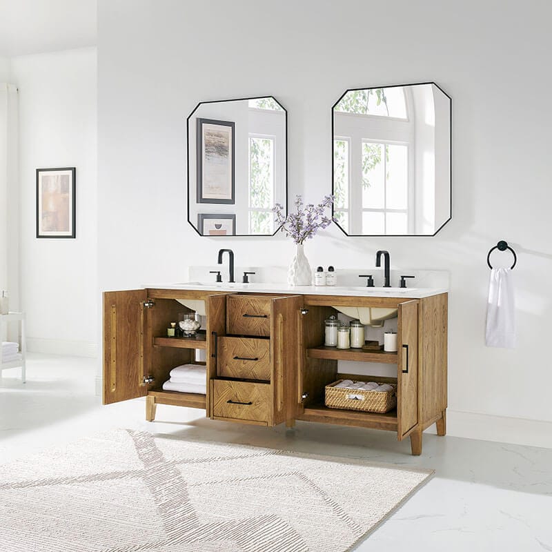 Clara 72 inch Double Bathroom Vanity with Top Weathered Brown Open Drawer