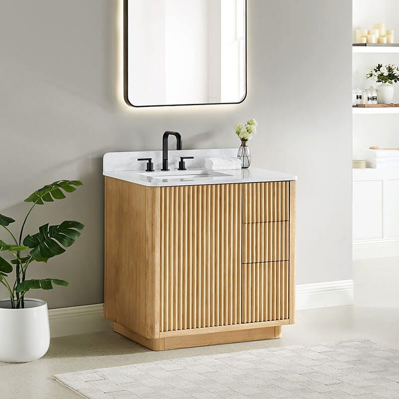 Clayton 36 inch Single Bathroom Vanity with Top Washed Light Brown Corner View