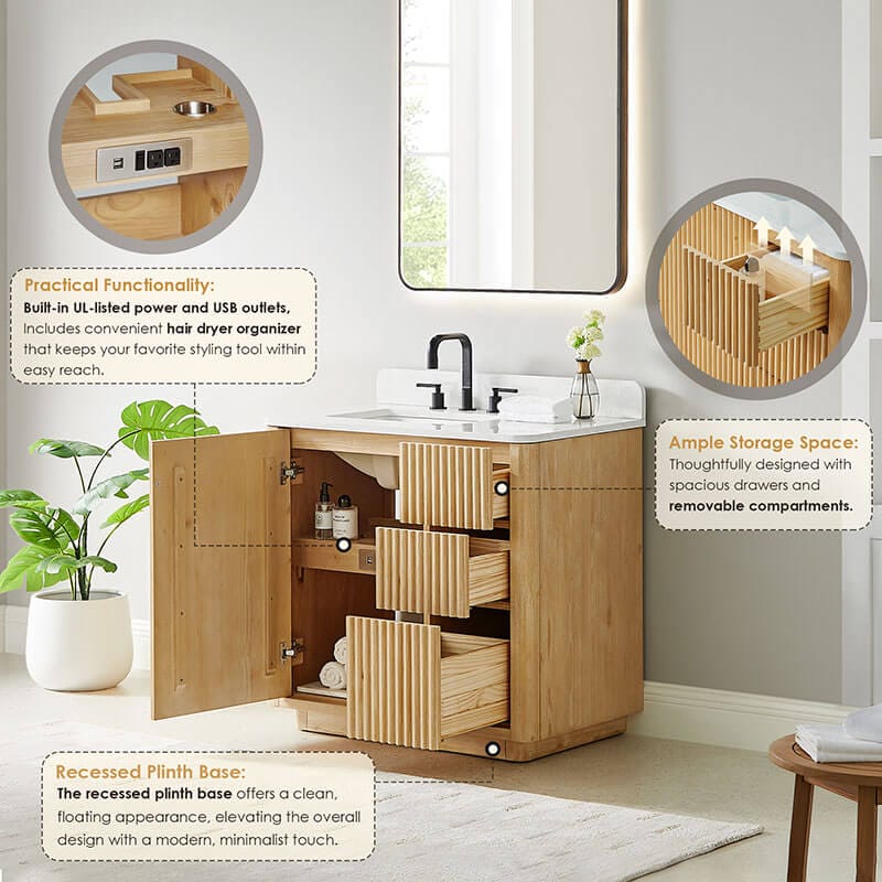 Clayton 36 Single Bathroom Vanity with Top Washed Light Brown Power Outlets