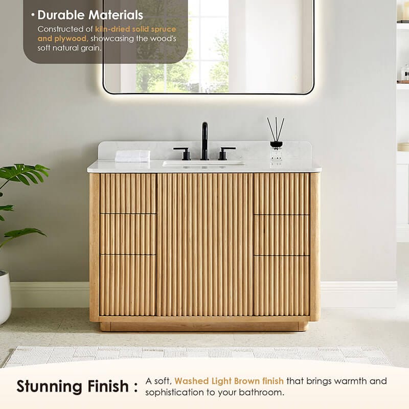 Clayton 48 inch Single Bathroom Vanity with Top Washed Light Brown Front View