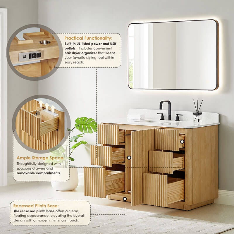 Clayton 48 inch Single Bathroom Vanity with Top Washed Light Brown Open Drawer