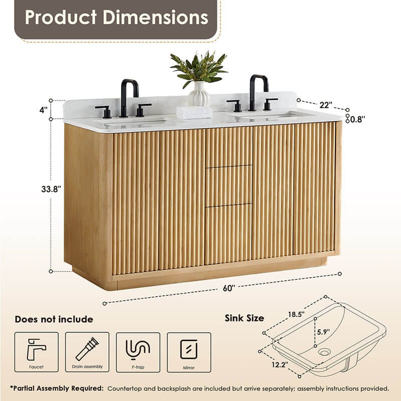 Clayton 60 Double Bathroom Vanity with Top Washed Light Brown Dimension