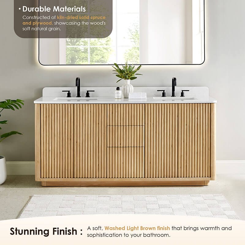 Clayton 72 inch Double Bathroom Vanity with Top Washed Light Brown Front View Detail