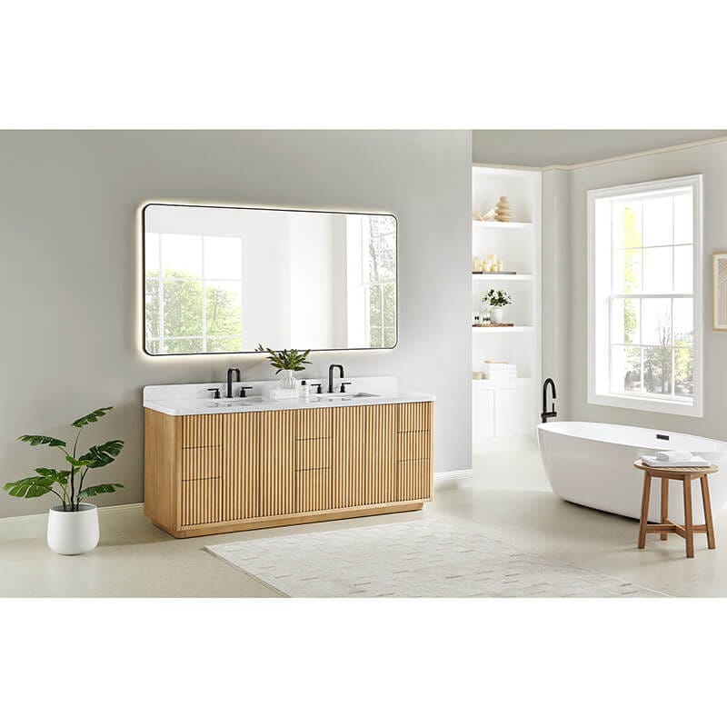 Clayton 84 inch Double Bathroom Vanity with Top Washed Light Brown Corner View