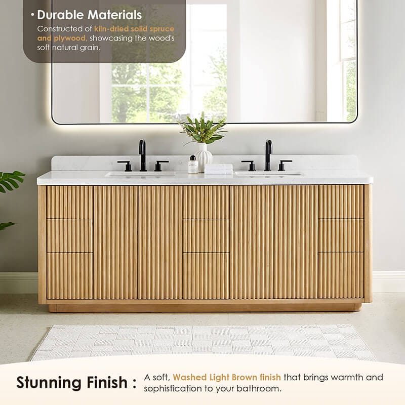 Clayton 84 inch Double Bathroom Vanity with Top Washed Light Brown Front View Detail