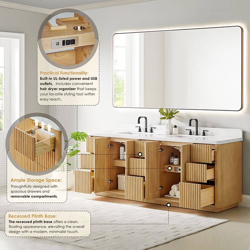 Clayton 84 inch Double Bathroom Vanity with Top Washed Light Brown Open Drawer