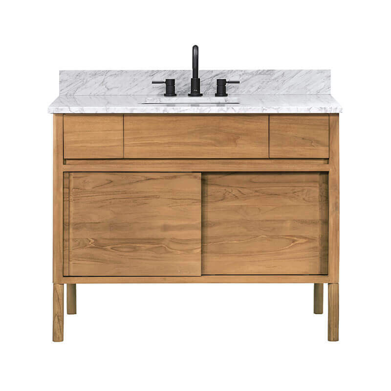 Colbie 42 inch Single Sink Teak Bathroom Vanity Natural Teak in Carrara White Marble Freestanding