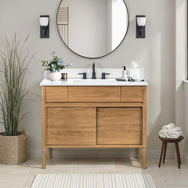 Colbie 42 inch Single Sink Teak Bathroom Vanity Natural Teak in White Engineered Stone Front View
