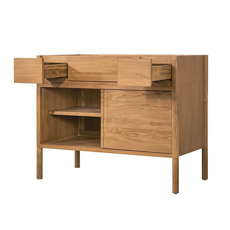 Colbie 42 inch Single Sink Teak Bathroom Vanity with Dual Mount Option Natural Teak Cabinet Only Corner View Open Drawer