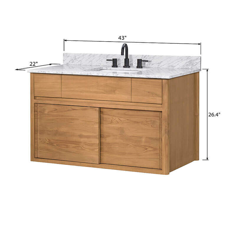 Colbie 42 inch Single Sink Teak Bathroom Vanity with Dual Mount Option Natural Teak in Carrara White Marble Floating Dimension