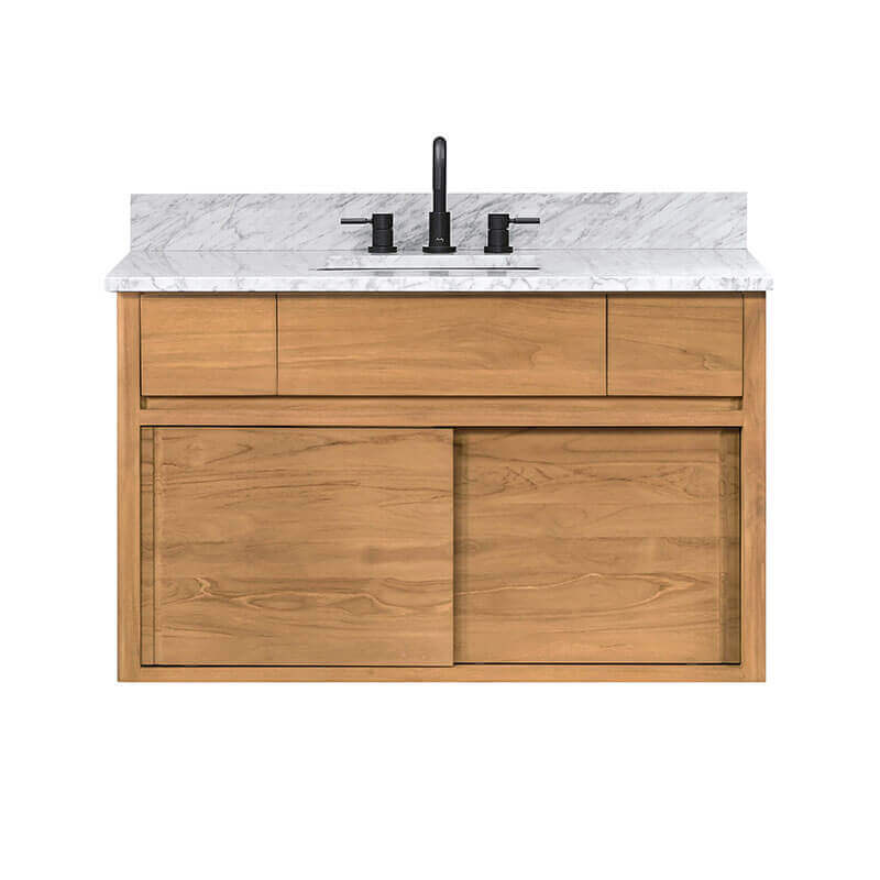 Colbie 42 inch Single Sink Teak Bathroom Vanity with Dual Mount Option Natural Teak in Carrara White Marble Floating