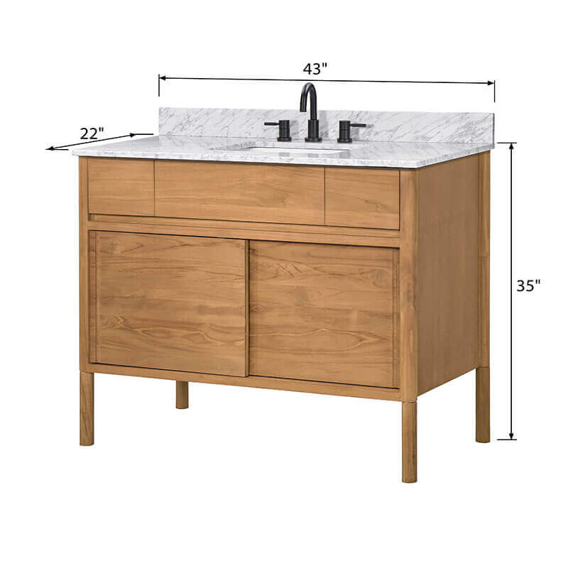 Colbie 42 Single Sink Teak Bathroom Vanity Natural Teak in Carrara White Marble Freestanding Dimension