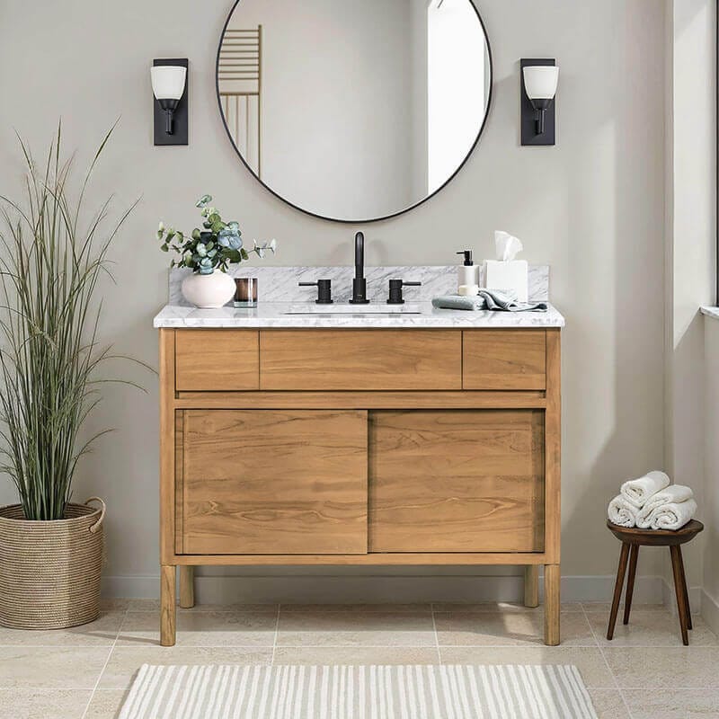 Colbie 42 Single Sink Teak Bathroom Vanity with Dual Mount Option Natural Teak in Carrara White Marble Freestanding