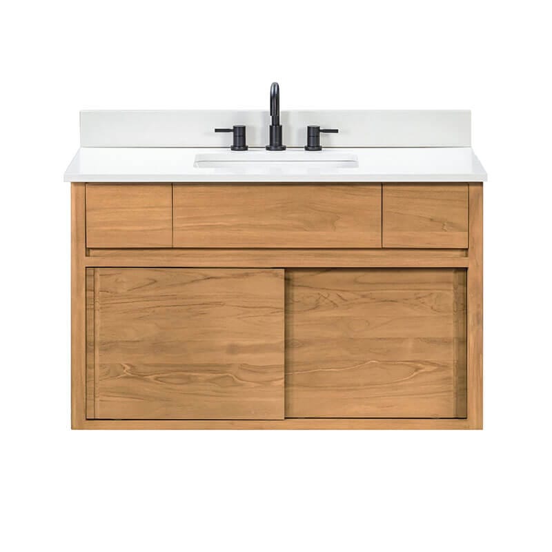 Colbie 42 Single Sink Teak Bathroom Vanity with Dual Mount Option Natural Teak in White Engineered Stone Floating