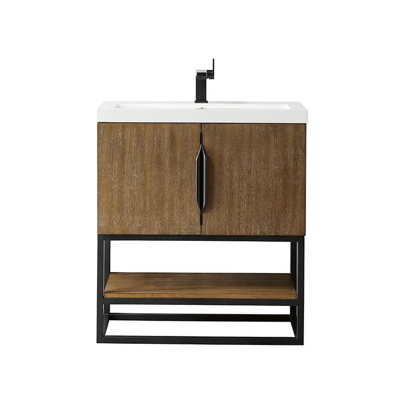Columbia 31.5 Inch Single Vanity in Latte Oak Matte Black With White Zeus Silestone Top