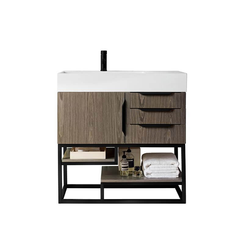 Columbia 36 Inch Single Vanity in Ash Gray Matte Black With White Zeus Silestone Top