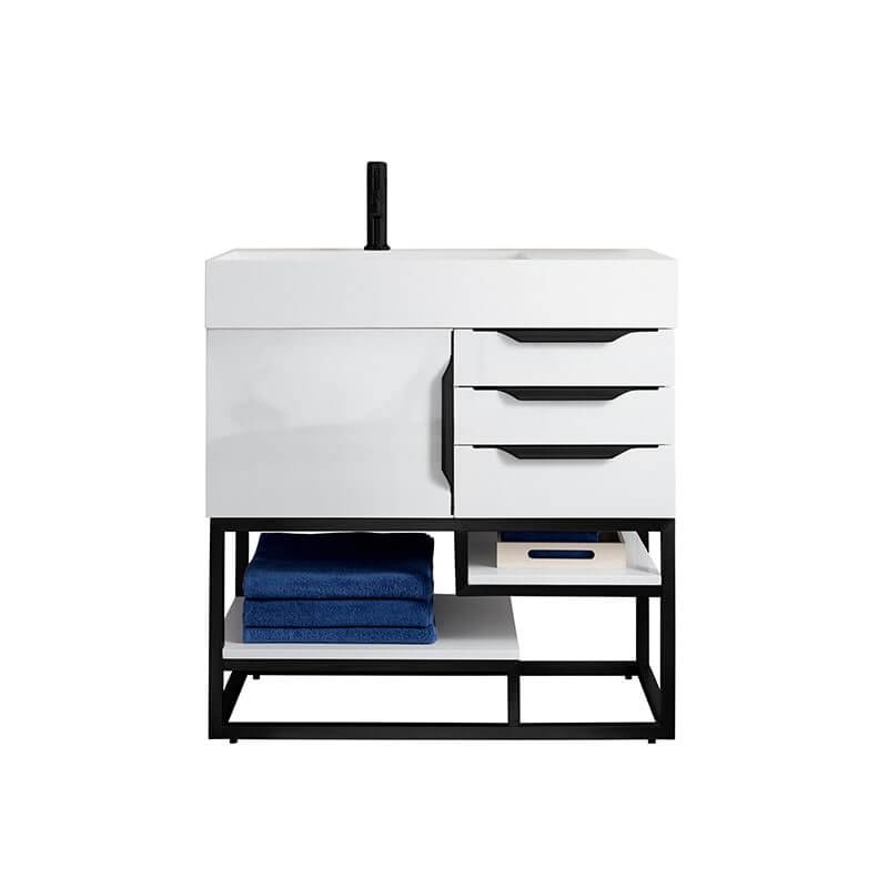 Columbia 36 Inch Single Vanity in Glossy White Matte Black With White Zeus Silestone Top