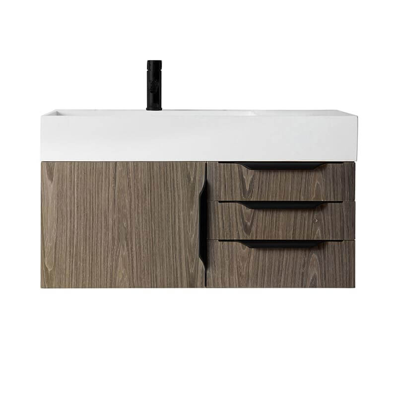Columbia 36 Inch Single Wall Mount Vanity in Ash Gray Matte Black With White Zeus Silestone Top