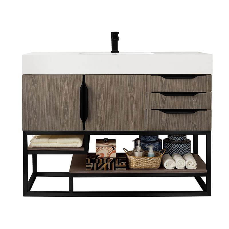 Columbia 48 Inch Single Vanity in Ash Gray Matte Black With White Zeus Silestone Top