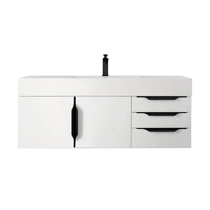 Columbia 48 Inch Single Wall Mount Vanity in Glossy White Matte Black With White Zeus Silestone Top