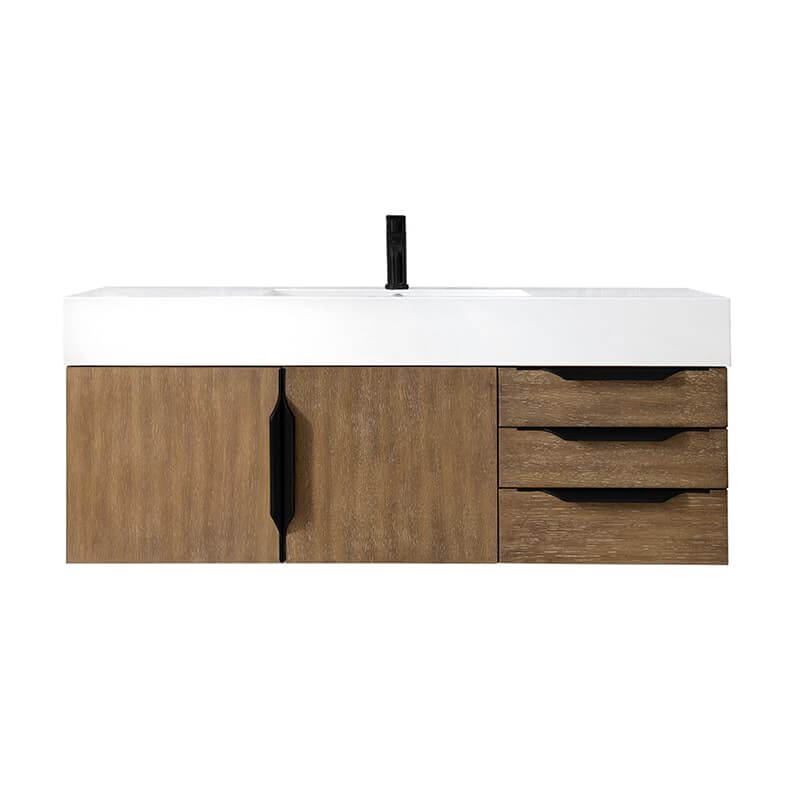Columbia 48 Inch Single Wall Mount Vanity in Latte Oak Matte Black With White Zeus Silestone Top