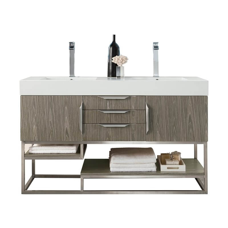 Columbia 59" Double Vanity in Ash Gray Brushed Nickel White Zeus Silestone Top