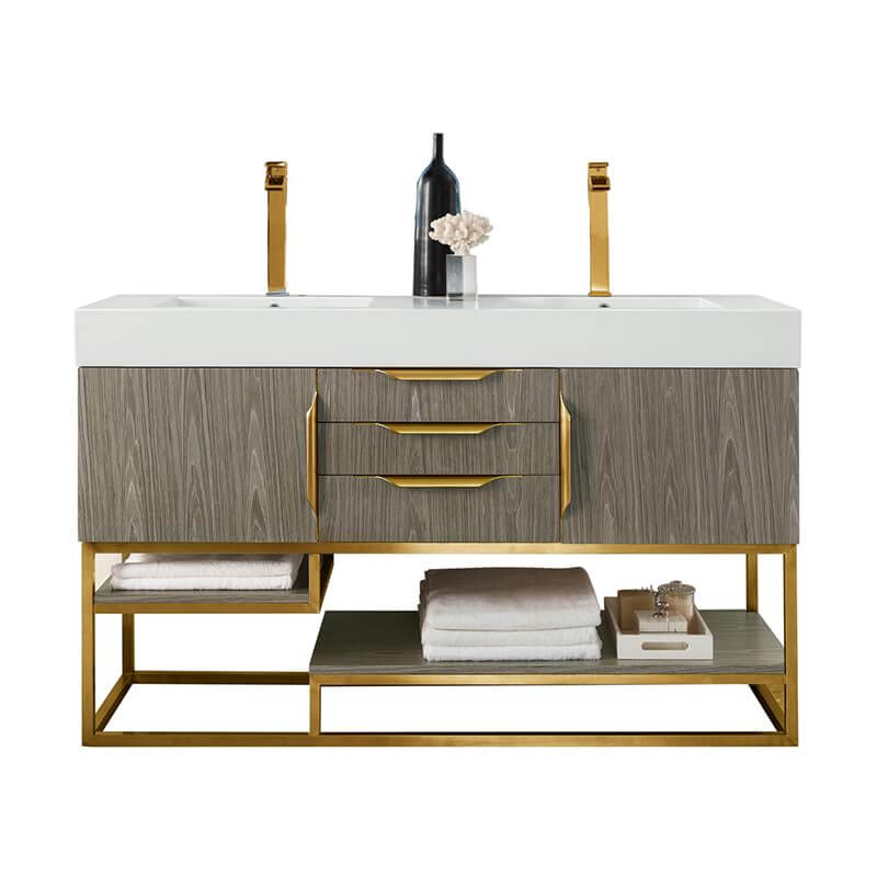 Columbia 59 Inch Double Vanity in Ash Gray Radiant Gold With White Zeus Silestone Top