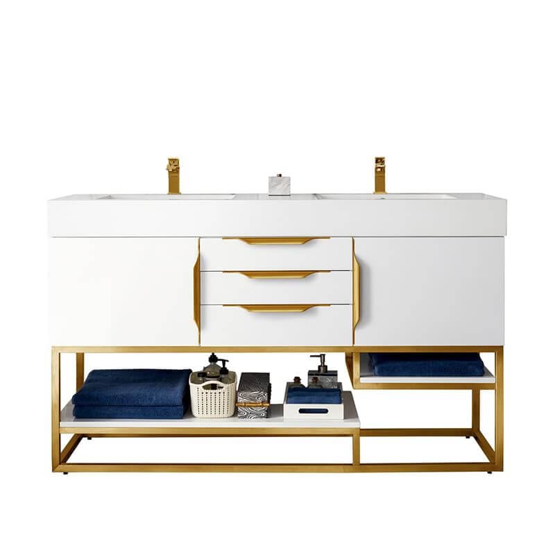 Columbia 59 Inch Double Vanity in Glossy White White Radiant Gold With White Zeus Silestone Top