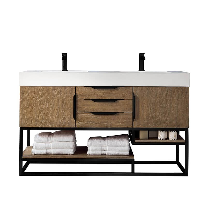 Columbia 59 Inch Double Vanity in Latte Oak Matte Black With White Zeus Silestone Top