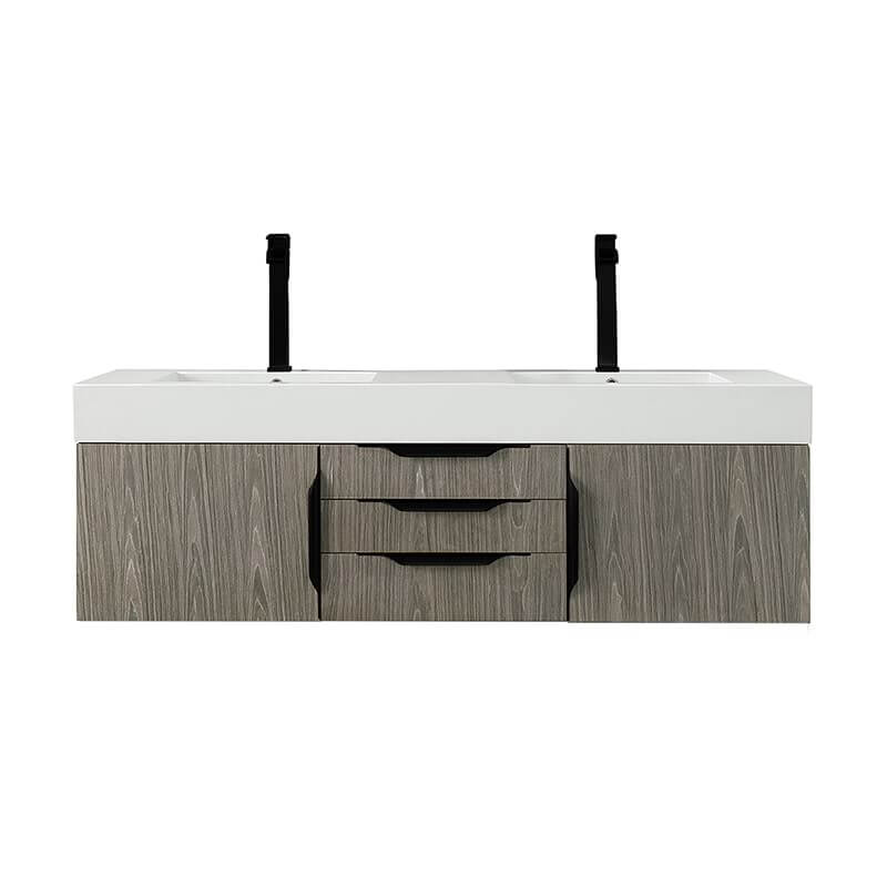 Columbia 59 Inch Double Wall Mount Vanity in Ash Gray Matte Black With White Zeus Silestone Top