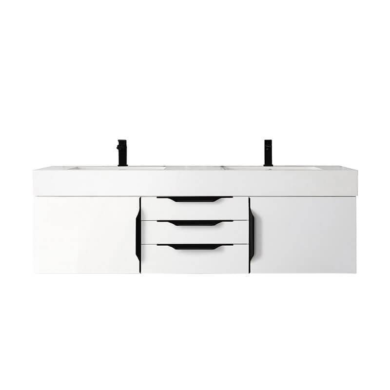 Columbia 59 Inch Double Wall Mount Vanity in Glossy White Matte Black With White Zeus Silestone Top