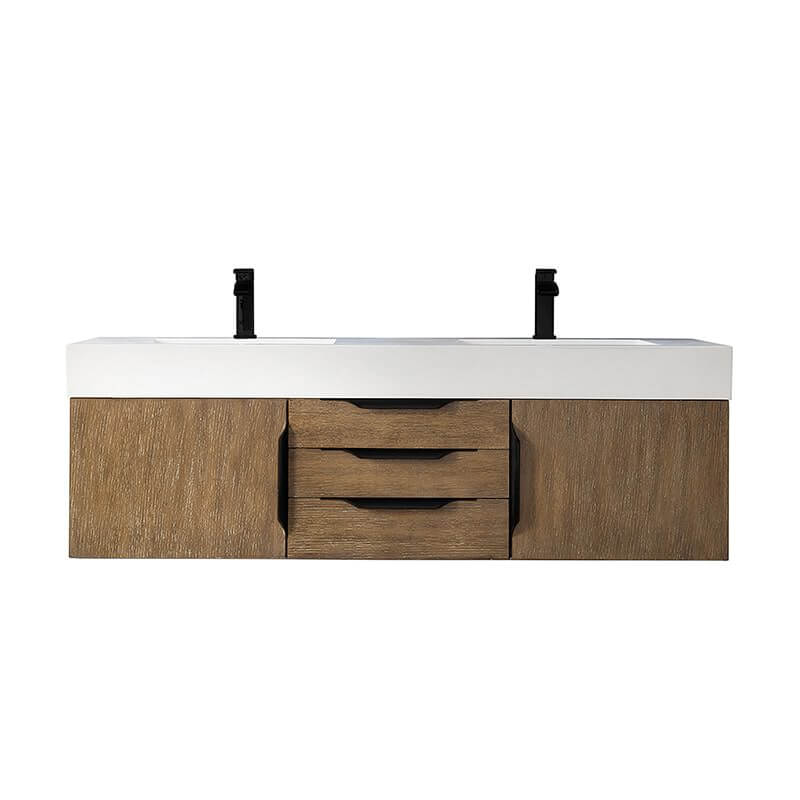 Columbia 59 Inch Double Wall Mount Vanity in Latte Oak Matte Black With White Zeus Silestone Top