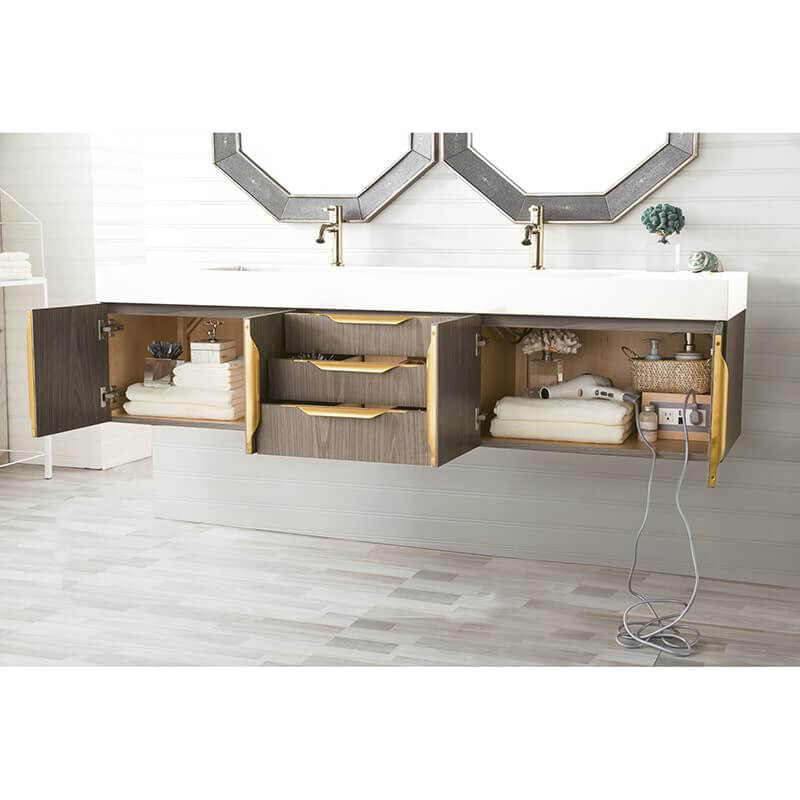 Columbia 72" Double Wall Mount Vanity Front View Open Drawers