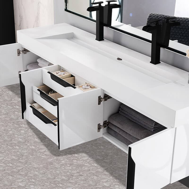 Columbia 72 Inch Double Wall Mount Vanity Corner View Open Drawers Up Close