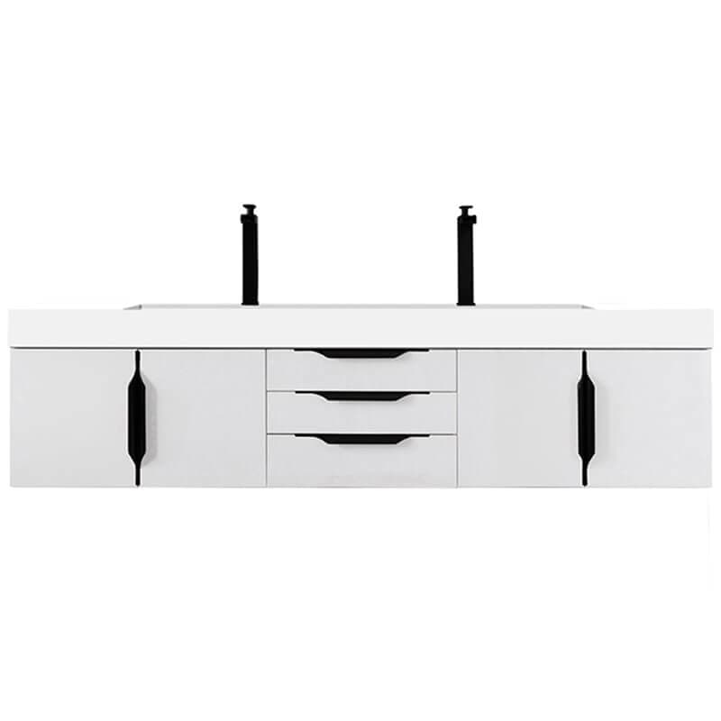 Columbia 72 Inch Double Wall Mount Vanity in Glossy White Matte Black With White Zeus Silestone Top