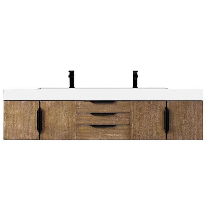 Columbia 72 Inch Double Wall Mount Vanity in Latte Oak Matte Black With White Zeus Silestone Top