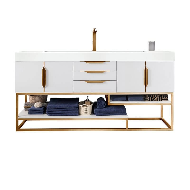 Columbia 72 Inch Single Vanity in Glossy White Radiant Gold With White Zeus Silestone Top