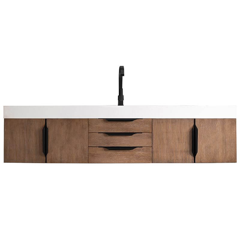 Columbia 72 Inch Single Wall Mount Vanity in Latte Oak Matte Black With White Zeus Silestone Top