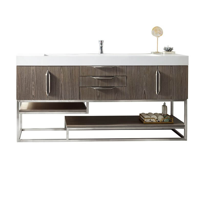Columbia 72" Single Vanity in Ash Gray Brushed Nickel With White Zeus Silestone Top