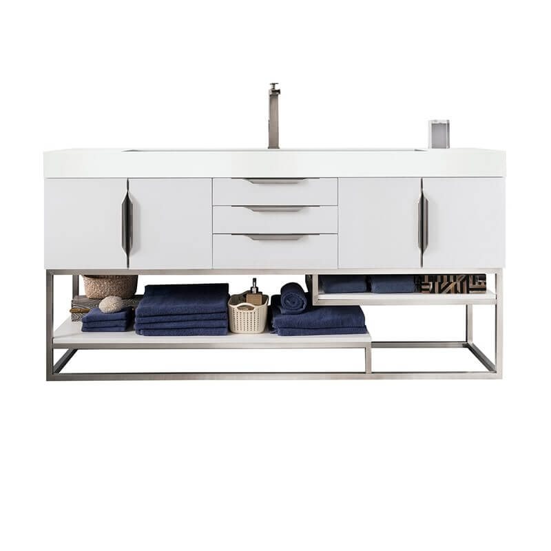 Columbia 72" Single Vanity in Glossy White Brushed Nickel White Zeus Silestone Top