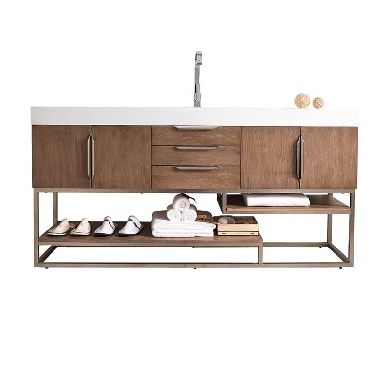 Columbia 72" Single Vanity in Latte Oak Brushed Nickel With White Zeus Silestone Top